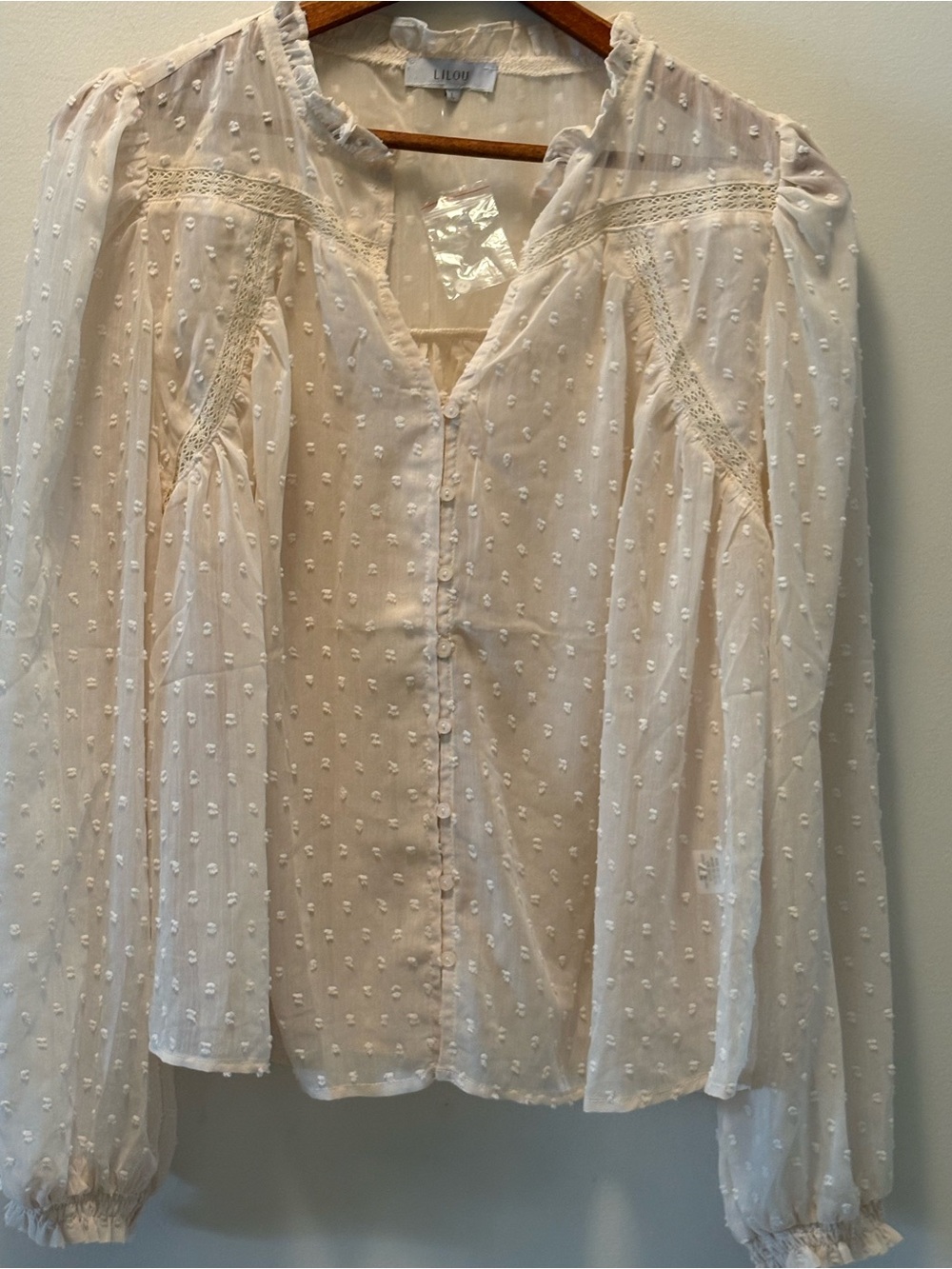 Cream Swiss Dot Lace-Trim Button Front Blouse NWOT Large